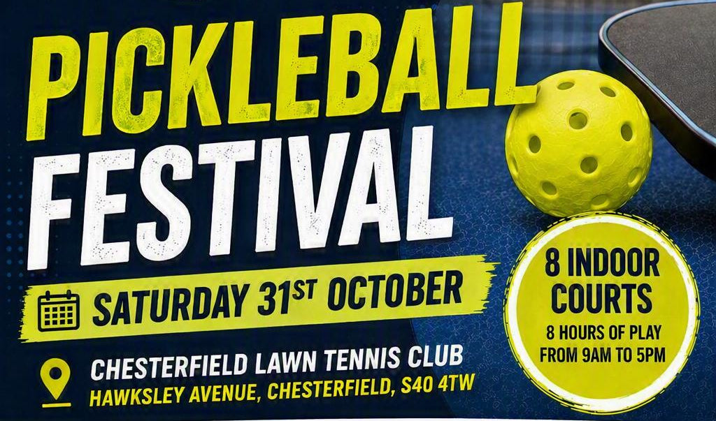 Promotional flyer for Pickleball Festival 2025 at Chesterfield Lawn Tennis Club, featuring a dark blue background with yellow and white text, a pickleball graphic, and event details including date, time, cost, and booking information.